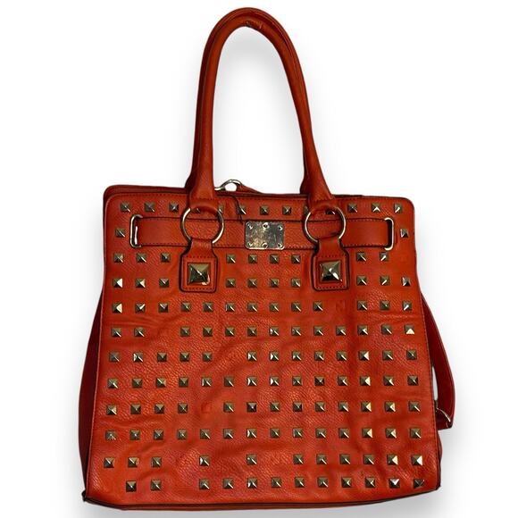 Convertible Top Handle Shoulder Bag Women's Red Gold Studded Faux Leather Tote - Picture 9 of 14